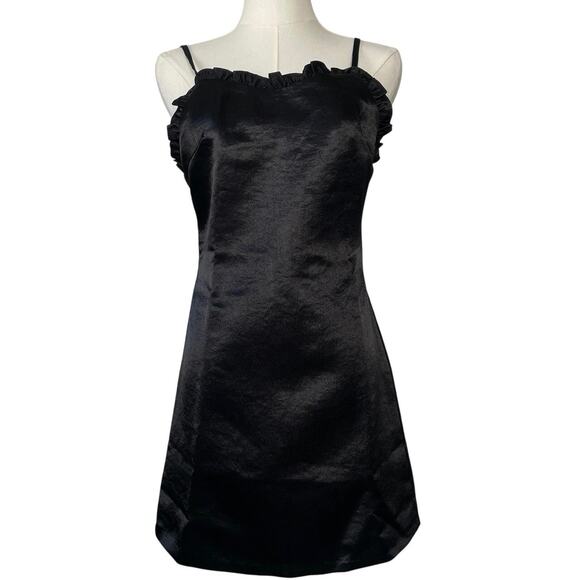 Satin Black Mini Slip Dress Ruffles Cocktail Party Date Night Y2K Size Small - Picture 1 of 9